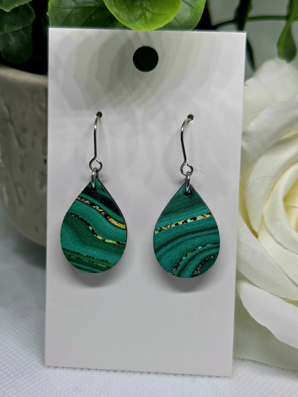 Teardrop Wooden Green Swirl Earrings